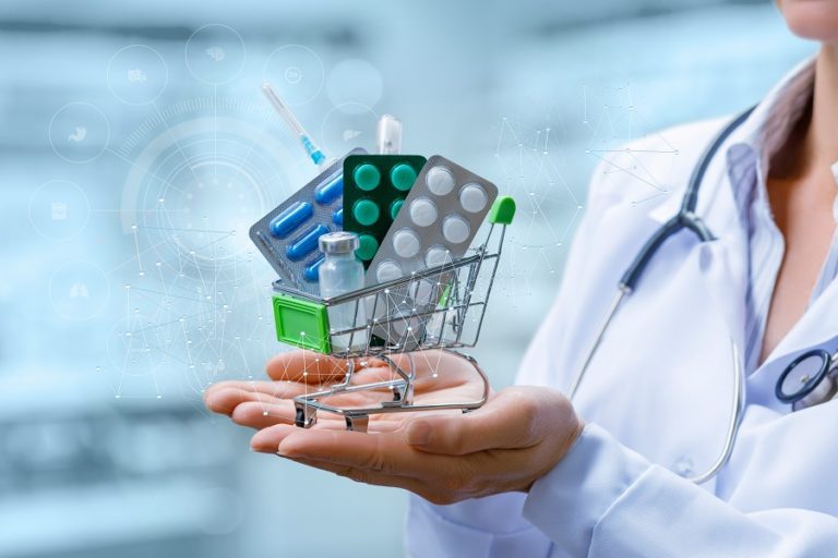 Pharmacist shows a shopping cart with medications 
